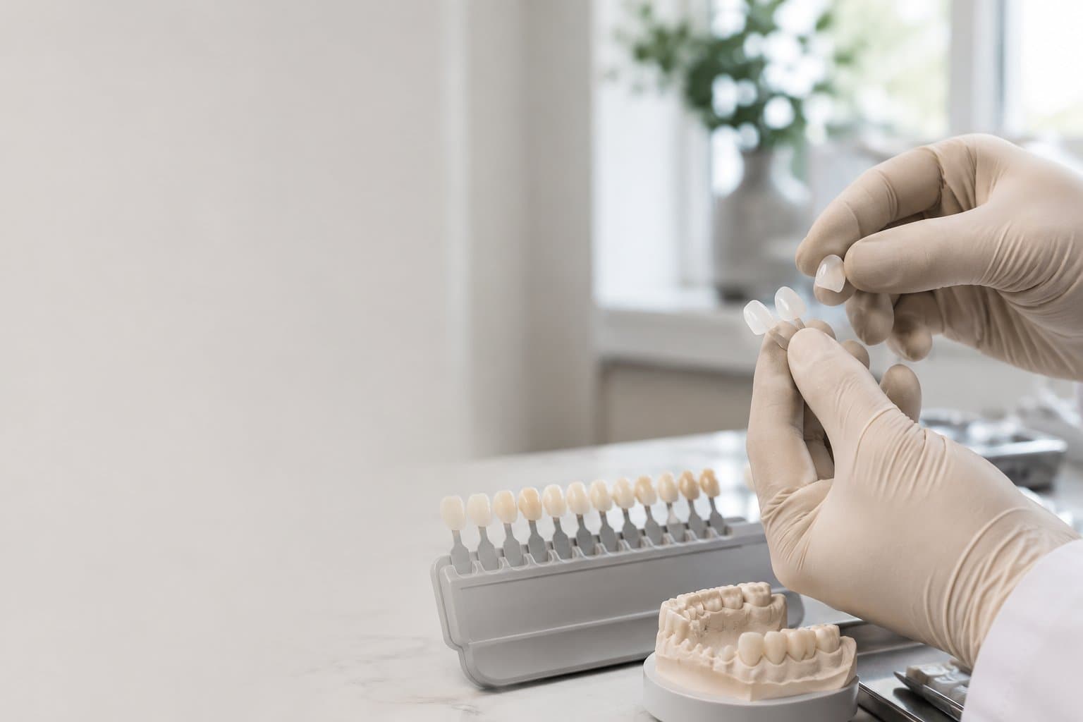 Precision e.max veneer handling: gloved dental professional hands holding thin translucent ceramic veneer pieces next to a shade guide and dental model in a bright clinical workspace