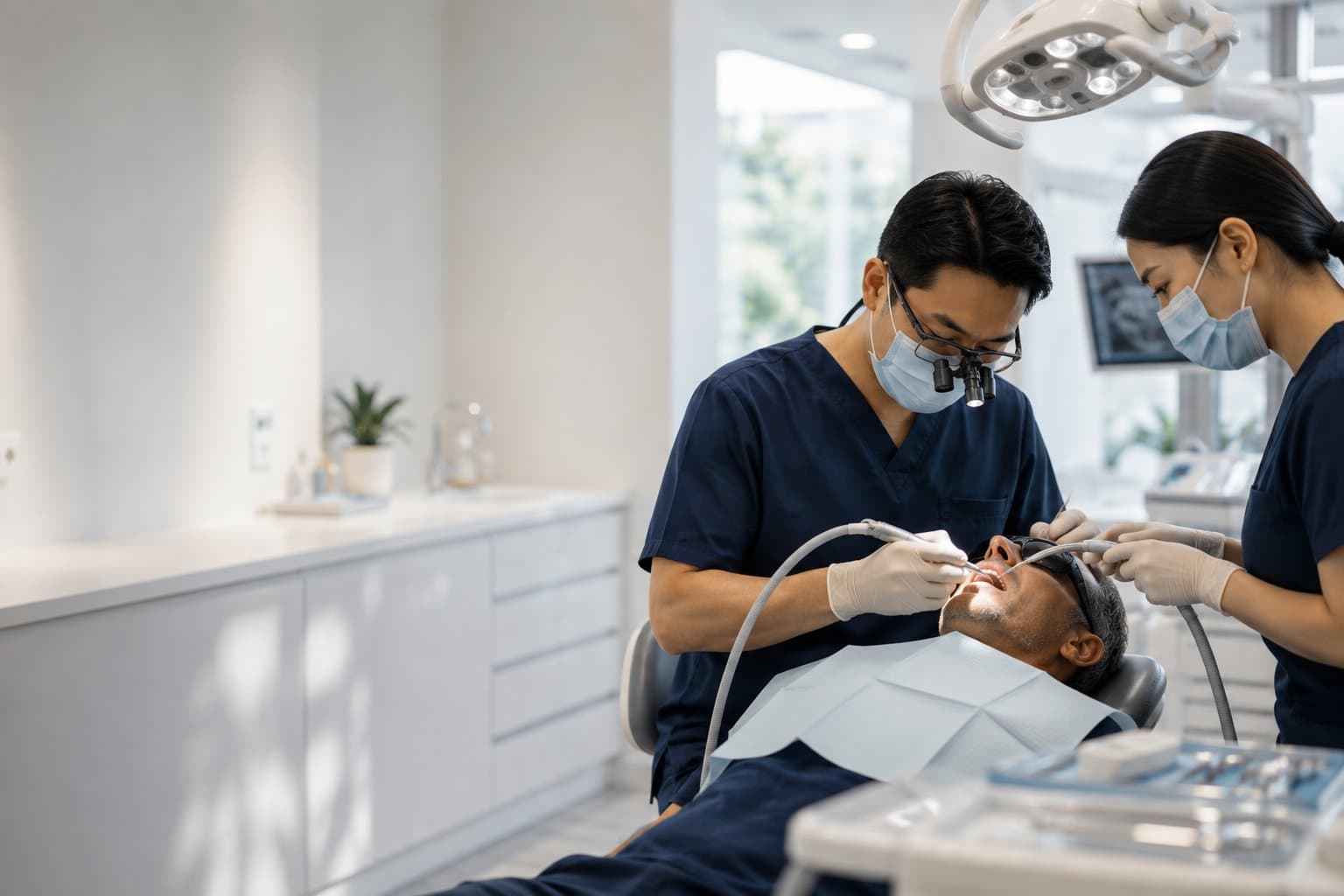 Dental treatment in progress: dentist and assistant working with a reclined adult patient in a bright clinical environment