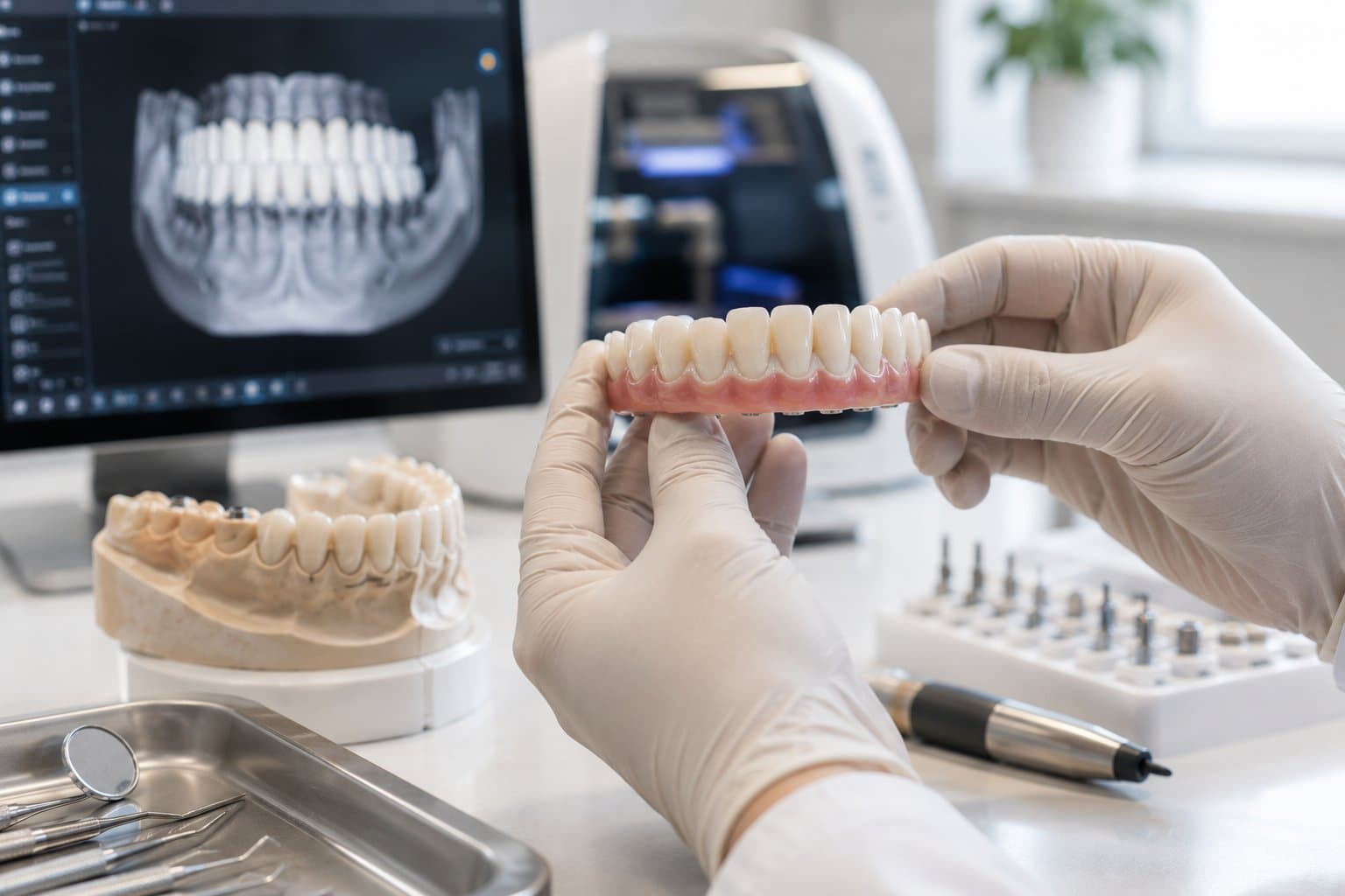 Full-arch dental prosthetic restoration being reviewed in a clinical workspace