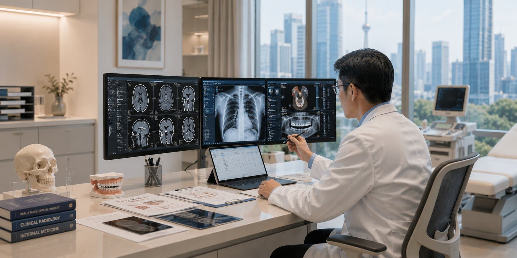 Medical professional reviewing multidisciplinary medical imaging