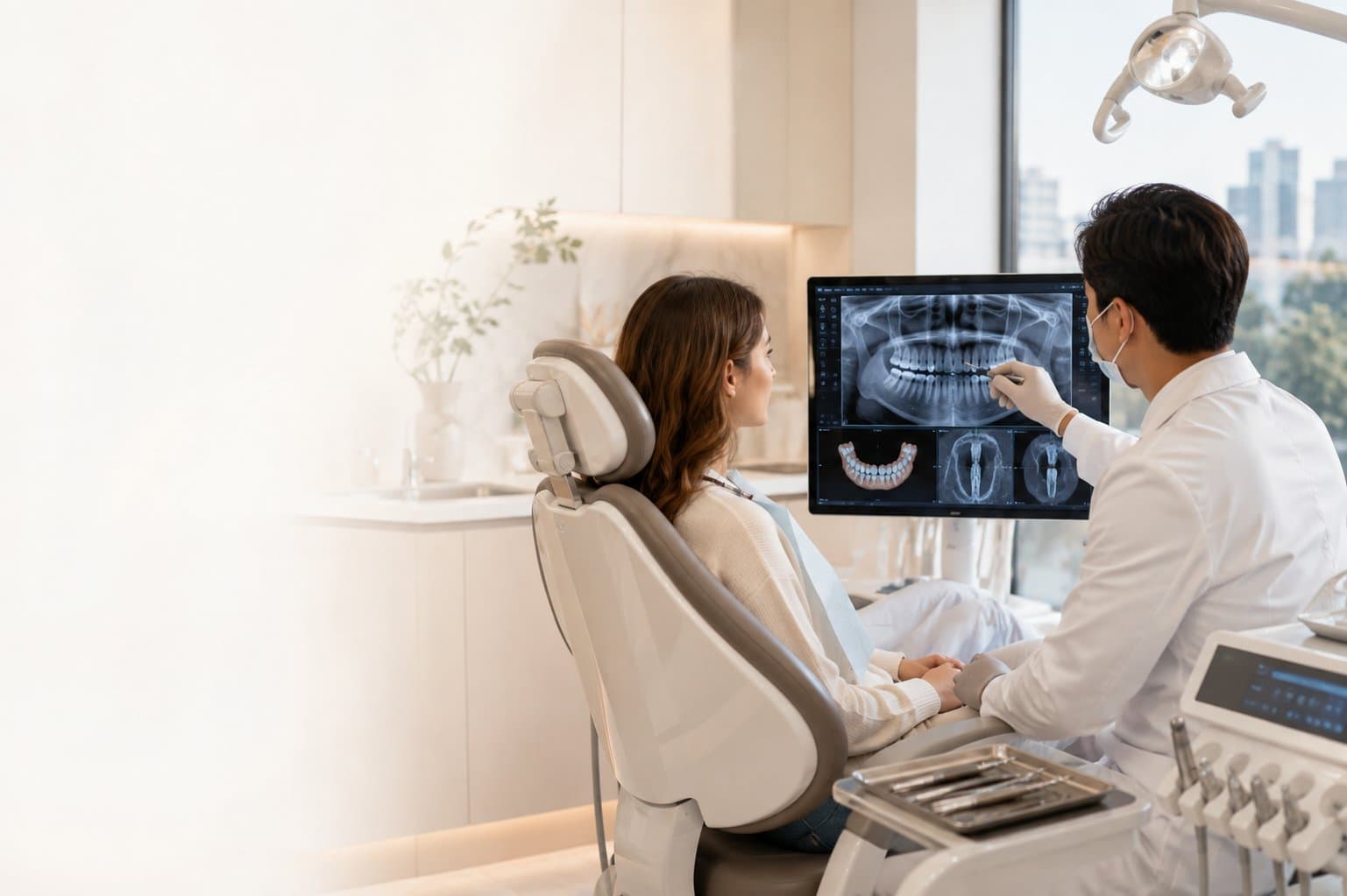 International patient seated in a modern dental chair discussing a panoramic X-ray with a dentist in a bright Shanghai clinic